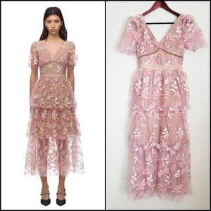 NWOT Self-Portrait Floral Embroidered Mesh Midi Pink Cream Silver Dress, Size 0
